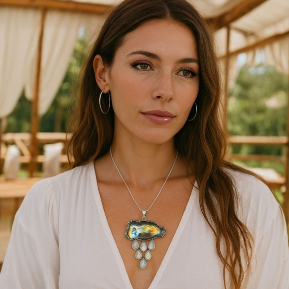 🆕️Labradorite Moonstone Cloud Pendant Necklace 925 Silver Plated | Boho Luxe - Picture 3 of 14